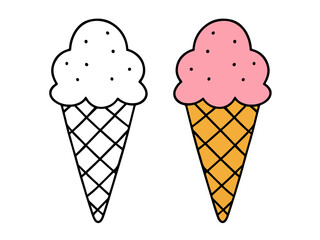 Simple ice cream cone outline illustration for coloring. Perfect for kids’ dessert-themed coloring books, printable art, and creative fun activities.