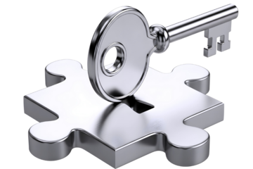 Silver puzzle piece with a key inserted into the lock isolated on transparent background