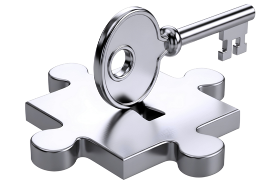 Silver puzzle piece with a key inserted into the lock isolated on transparent background - Powered by Adobe