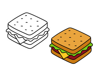 Simple sandwich outline illustration for coloring. Perfect for kids’ food-themed coloring pages, printable art projects, and creative learning fun.