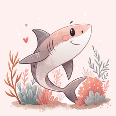 Adorable pink shark cartoon character swimming in pastel tone vector illustration, best for kids design