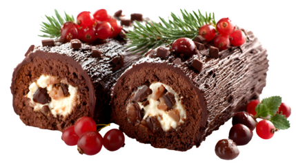 Chocolate Yule Log with Berries, isolated on transparent background