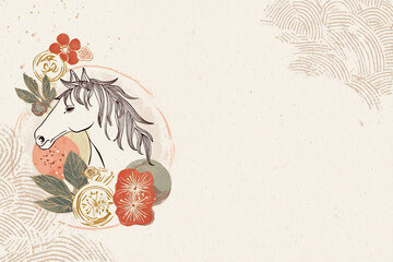馬と花の和風イラスト