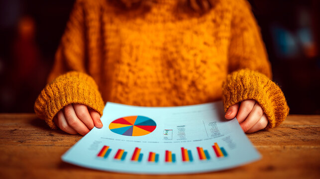 Close-up of caucasian woman in mustard sweater holding colorful business report with pie and bar charts on wooden desk