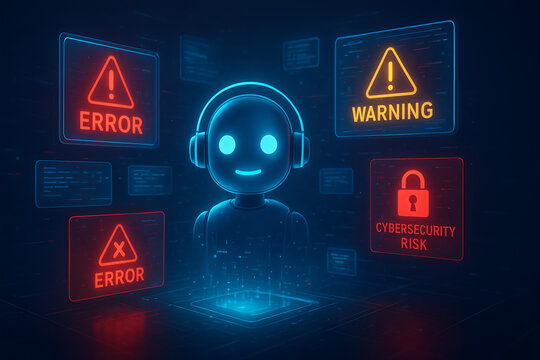 robot AI chatbot system alert in digital communication environment showing error, warning, and cybersecurity risk icons, highlighting potential data breach and smart automation failure in modern