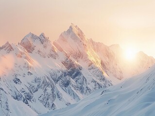 Majestic snow-capped mountains illuminated by sunrise in a tranquil winter landscape