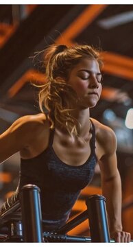 A glamour girl busy with Weight Bench in a gym. Active life style. Healthy exercise routine. Copy space for gym or fitness center advertisement banner or poster on media and web.