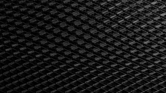 3D cubes with a metallic mesh texture, featuring a vibrant black color scheme, rotates smoothly in a continuous loop.