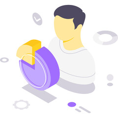 Isometric Illustration of a Person Holding a Pie Chart Representing Digital Marketing Strategy and Analytics Data Analysis