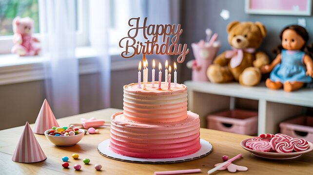 Pink birthday cake with candles and decorations on table in kids room
- Powered by Adobe
