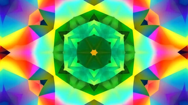 Symmetrical abstract image featuring radiating geometric shapes with a kaleidoscopic color scheme