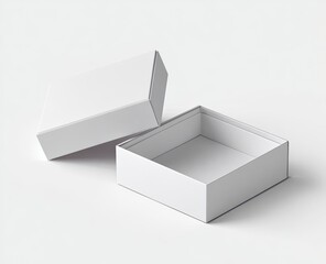 Naklejka premium Empty white square box with its lid slightly ajar, isolated on a seamless white background