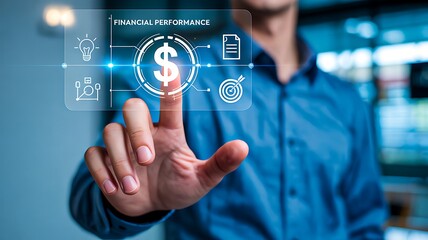 Businessman touching digital dollar icon representing finance investment and economic performance  
