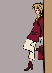 Illustration of a girl in a raincoat and shorts leaning against a wall