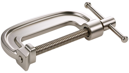 Metal c clamp tool with threaded screw and handle isolated on transparent background