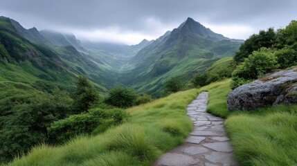 Fototapeta premium Cloudy Highland Landscape With Winding Stone Path Through Lush Greenery And Misty Mountains Under A Grey Sky