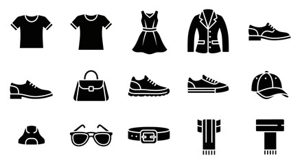 Collection of essential fashion and wardrobe items in a clean glyph style design