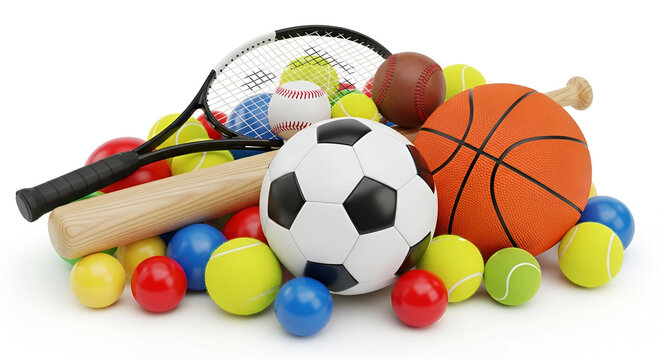 Assortment of sports equipment balls including soccer basketball tennis baseball and rugby game or competition background