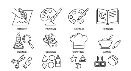 Naklejka premium Illustration of various hobbies and activities, including drawing, painting, and crafting