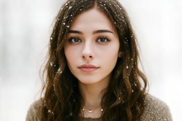Soft winter portrait of young woman outdoors, snowflakes in her hair, natural light and neutral white background, calm expression