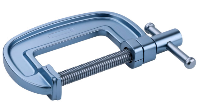 A shiny metal c clamp tool used for holding and fastening objects isolated on transparent background