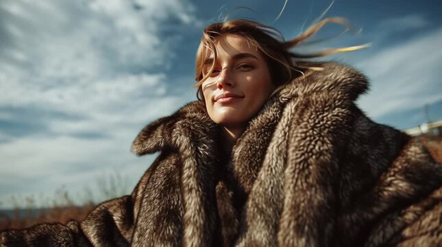 Model reclining in an eco fur coat made from innovative sustainable materials in a minimalist futuristic studio setting