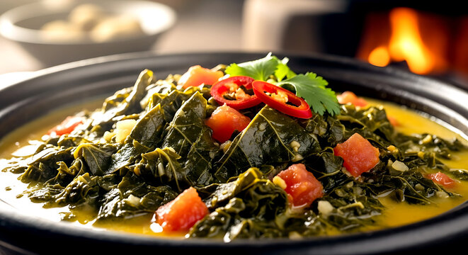 Kenya Pumpkin Leaf Stew (Mchuzi wa Majani ya Malenge). Kenyan pumpkin leaf stew with coconut and tomatoes, leafy texture in clay pot 