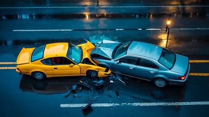 Obraz premium Two cars crashed on wet road after traffic accident showing vehicle damage and danger 