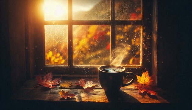 Enjoy a cozy autumn morning with hot coffee by the window, watching the rain fall and the colorful leaves dance in the wind, relax and savor the moment