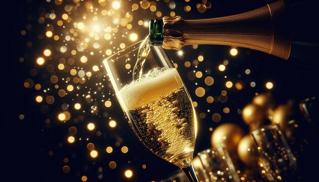 Pouring bubbly champagne in a glass with golden lights creating a festive atmosphere perfect for New Year's Eve celebrations and elegant parties