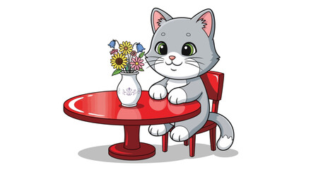 Cartoon illustration of a charming cat sitting at a red table with vase of flowers