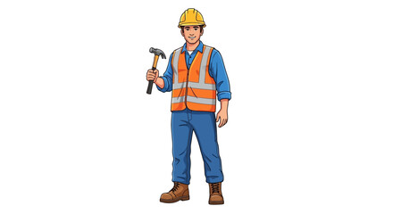 Cartoon construction worker with protective gear holding a hammer showcasing industry job role and