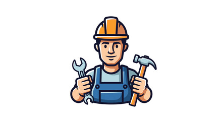 Cartoon construction worker with wrench and hammer, ready for service and repair task
