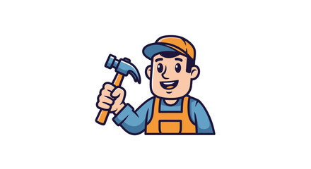 Cartoon handyman character holding hammer ready for construction projects and home repair logo