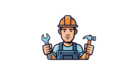 Fototapeta premium Skilled handyman wearing hard hat holding wrench and hammer ready for repairs