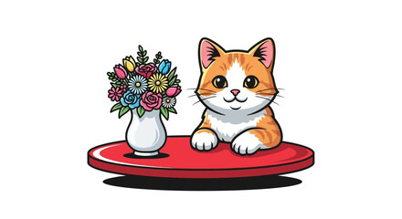 Adorable cartoon cat next to a colorful bouquet illustration on a red table