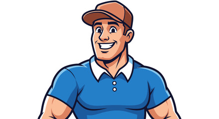 Confident service worker in blue polo shirt and cap, vector style illustration for branding
