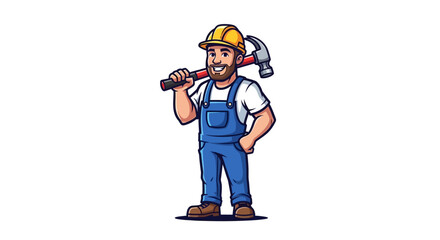 Cartoon construction worker holding hammer on shoulder smiling with yellow hard hat