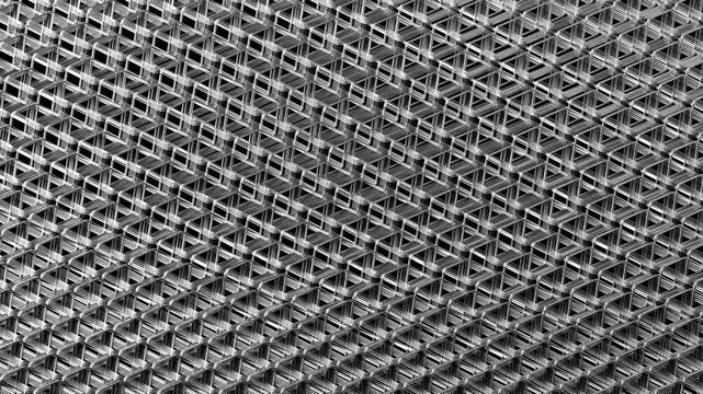 3D cubes with a metallic mesh texture, featuring a vibrant grey color scheme, rotates smoothly in a continuous loop.