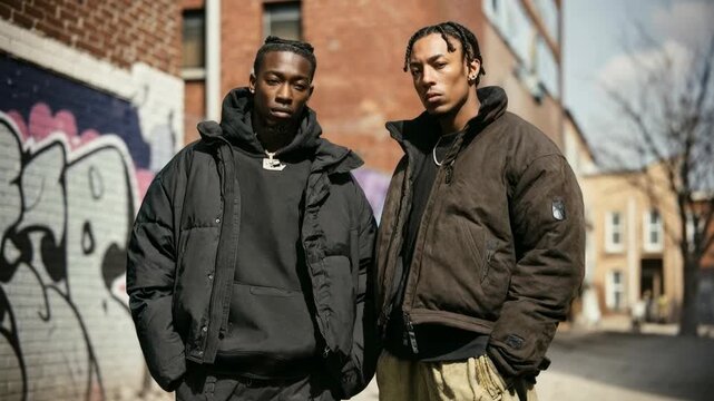 Urban street style portrait of two young men leaning against a gritty wall; confident raw fashion energy designed for edgy lifestyle campaigns, music visuals and authentic culture‑driven storytelling.