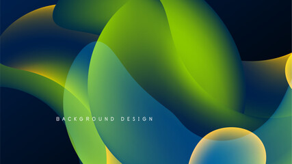 Abstract fluid shapes blend, creating vibrant gradients. Blue, green, yellow hues dominate dark background. Modern design element.
