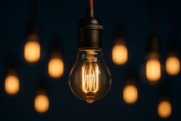 Close-up of glowing vintage filament light bulb surrounded by blurred warm bulbs on dark background, symbolizing creativity and innovation concept. Ai generative