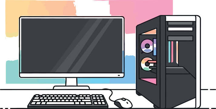 Modern desktop computer setup with illuminated tower keyboard and mouse on a desk with colorful background elements