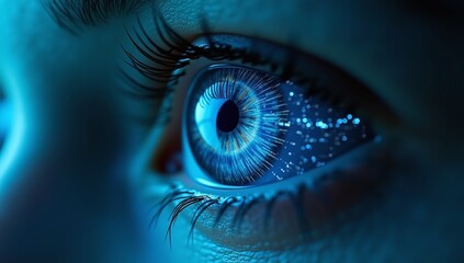 Futuristic blue eye with sparkling digital data, representing advanced technology, artificial intelligence, and the future of vision in a stunning close-up