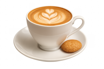 Cappuccino with latte art heart and biscuit