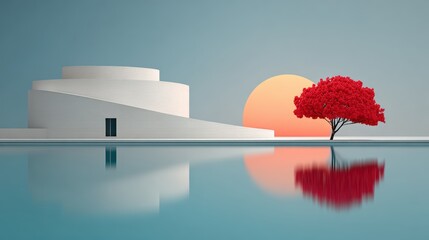 A modern architectural scene featuring a white circular structure beside a vibrant red tree reflecting in calm water under a warm sunset, Ideal for design, architecture, or nature-related projects,