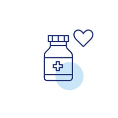 Bottle of pills and heart. Healing with care, medical support. Medication and pharmacy. Pixel perfect, editable stroke vector icon