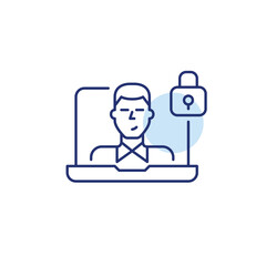 Man on laptop screen and lock. Secure communication, private conversations. Pixel perfect, editable stroke vector icon