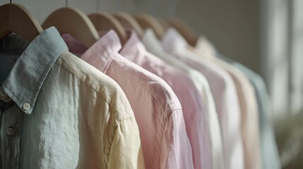 A row of pastel-colored shirts hanging on wooden hangers, softly illuminated by natural light.