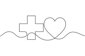 Obraz premium Medical cross continuous one line drawing on white background minimalist health symbol outline vector illustration